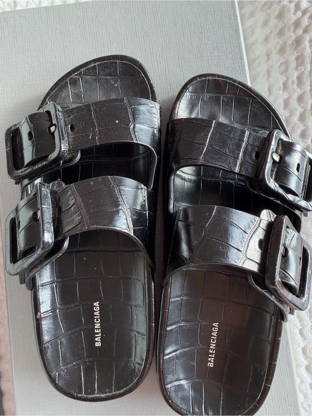 Balenciaga Black Croc-Embossed Double-Buckle Slide Sandals - Picture 2 of 6